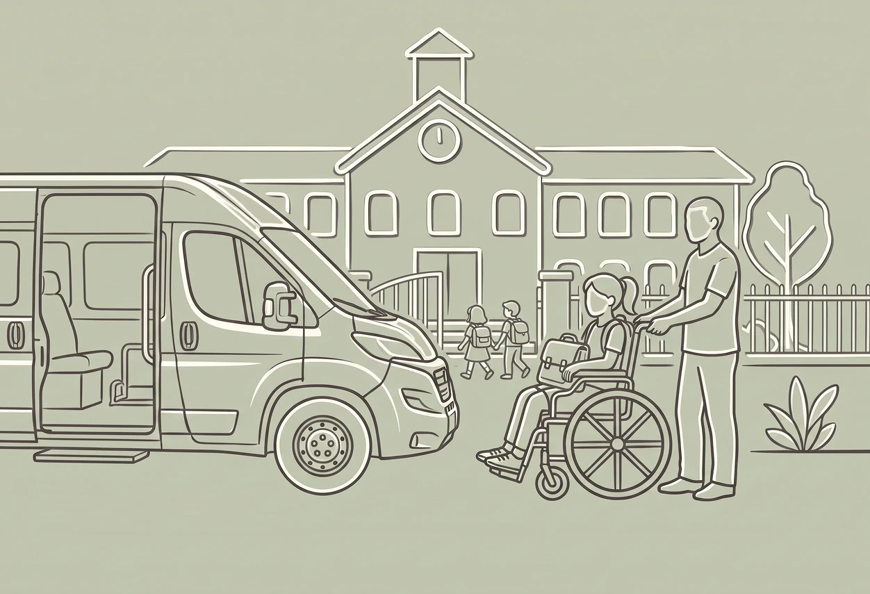 Le chauffeur accompagne une petite fille en fauteuil roulant, cartable sur les genoux, devant le portail de son école où entrent d'autres enfants