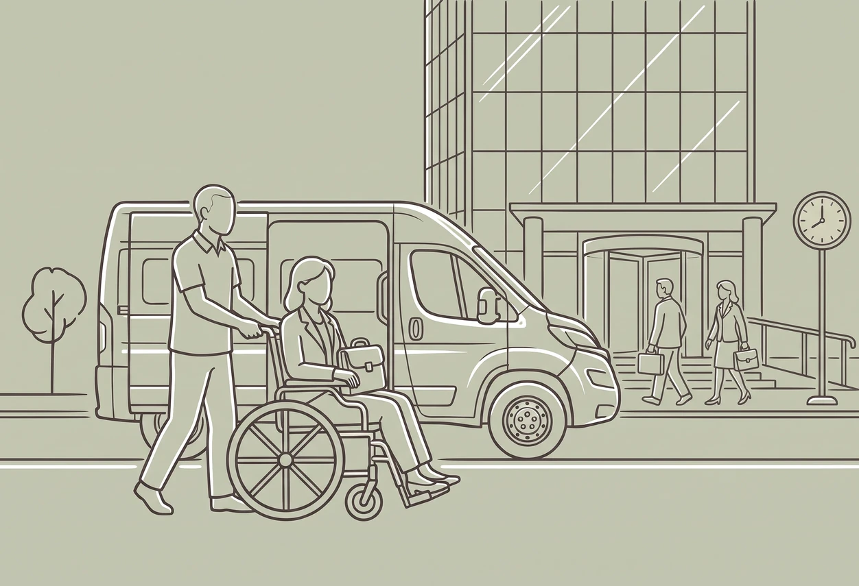Le chauffeur pousse une femme en fauteuil roulant, sacoche sur les genoux, devant l'entrée accessible d'un immeuble de bureaux
