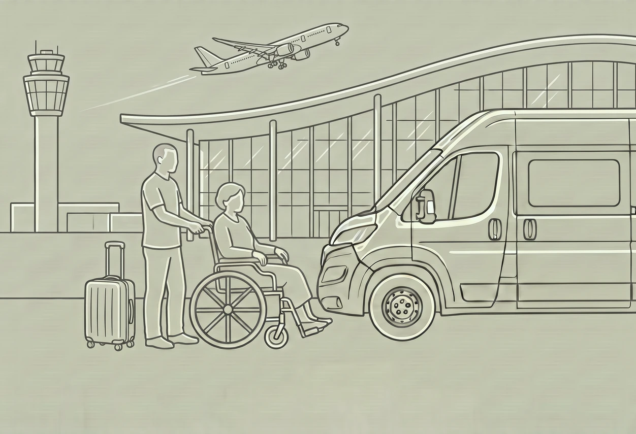 Le chauffeur pousse une dame âgée en fauteuil roulant devant le terminal de l'aéroport, valise à côté, un avion décolle au-dessus du minibus Traj'Espoir